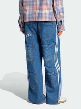 adidas Blue Relaxed Wide-Leg Jeans with White Side Stripes NWT women’s size 34